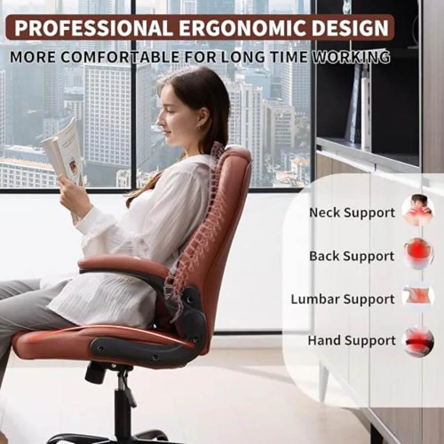 Executive Office Chair PU, Leather Office Chair with Wheels, 360° Swivel Rolling Chair with Padded Arms, Ergonomic Computer Cha view 3