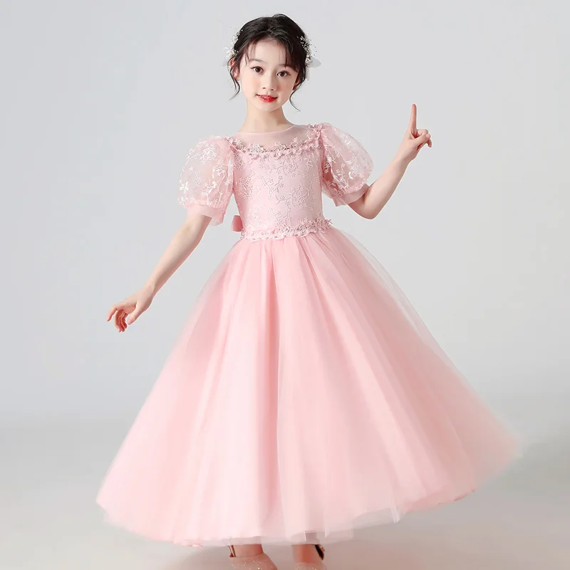 

Girls Dress Summer Princess Dresses Sequins Puff Sleeve Ankle-Length Mesh Flower Girl One-piece For Wedding Evening Party Gown
