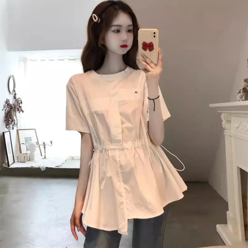 Fat mm Short Sleeved T-shirt for Women in Summer Versatile Waist up Slimming Belly Covering Two Pieces of Age Reducing Fake top