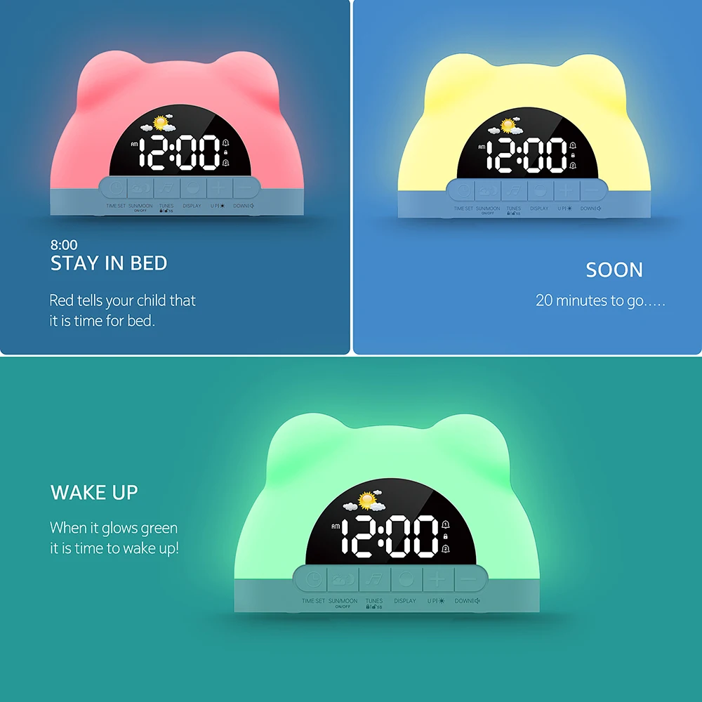 Digitaluhr Wake Up Light Sonnenaufgang Wecker Buntes Nachtlicht Niedliche Bärenform Ideal für Schlafzimmerdekoration Weihnachten Niditon – Detail 2