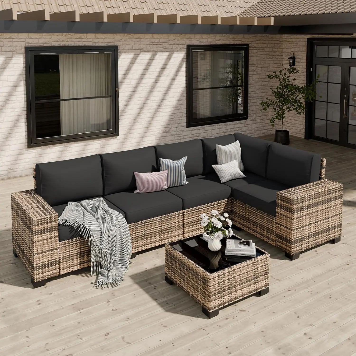 Patio Furniture Set, Wide Armrest Outdoor Furniture Set with Thick Cushions, 6 Piece Wicker Rattan
