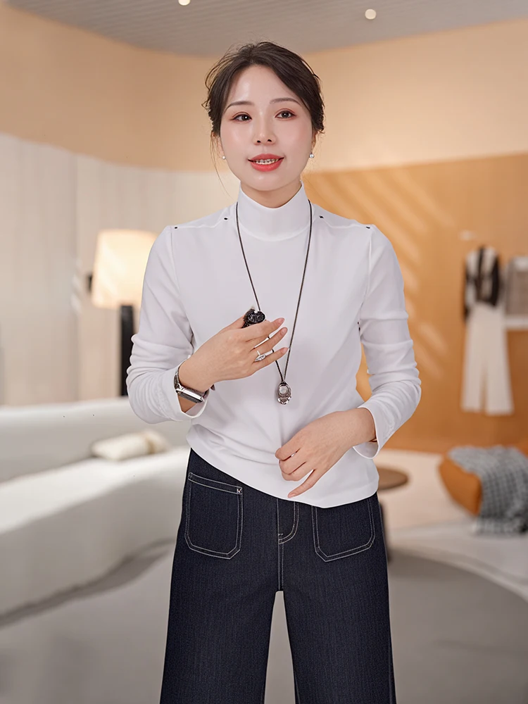 

Thiened Long Sve f High Collar Women's T-irt Inner Wear Casual Sle Polyester Fabric Warm Base Layer Top