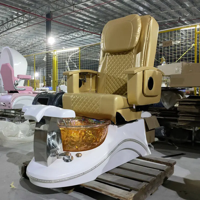 Electric Reversible Gold Pedicure Chair with Shiatsu Massage Drain Pump and Colorful LED Lights for Nail Salon Spa