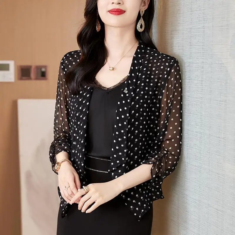 Women Clothing Fashion Polka Dot Print Elegant Thin Sunscreen Shirt Summer 3/4 Sleeve Loose See Through Blouse Casual Loose Tops