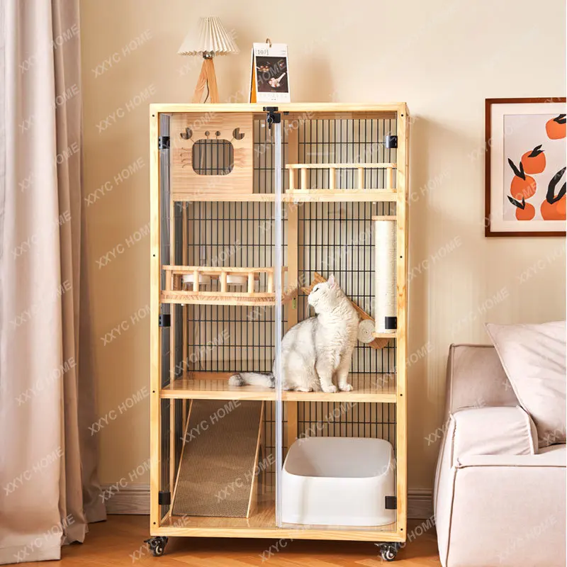 Cat Villa Small Apartment Cat Cage Home Custom Cat Cabinet Indoor Cat Cage Solid Wood Panoramic Breathable Cattery