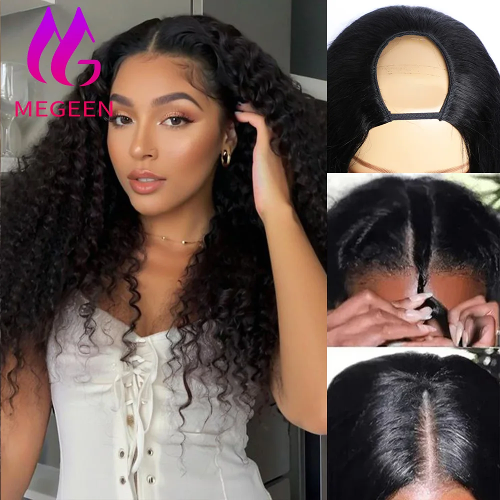

Megeen Virgin Hair Curly Natural Color Human Hair No Glue U Part Wigs Machine Wigs No Sew In For Women Beginner Friendly 30 Inch