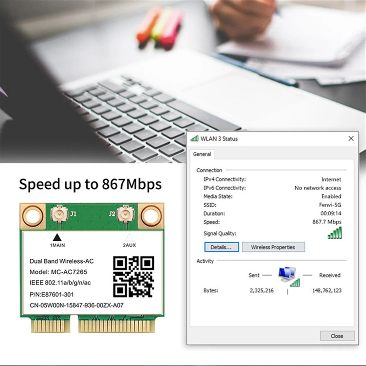 1200Mbps بلوتوث 4.2 بطاقة PCI-E واي فاي صغيرة MC-AC7265 بطاقة الشبكة اللاسلكية 7265 802.11ac 2.4G 5Ghz لأجهزة الكمبيوتر المحمول 7260HMW