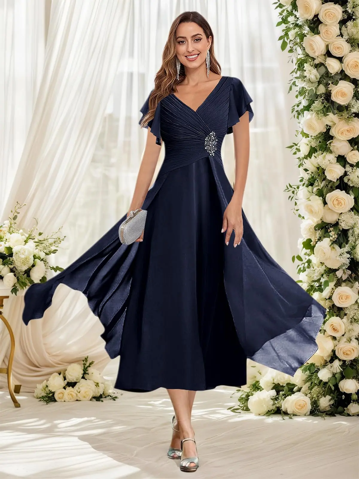 

Tea Length Chiffon Mother of Bride Dress for Wedding Beaded Ruffle Sleeve Ruched Formal Evening Gowns