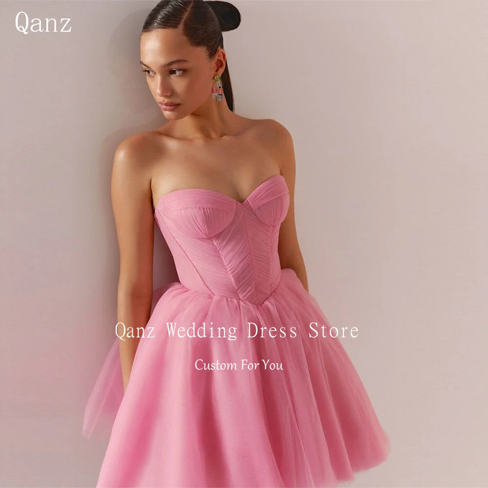 Qanz Fairy Short Prom Dresses Tulle Short A Line Cocktail Dresses Mini Lace Up Back Vestidos De Graduación Elegant Party Gown