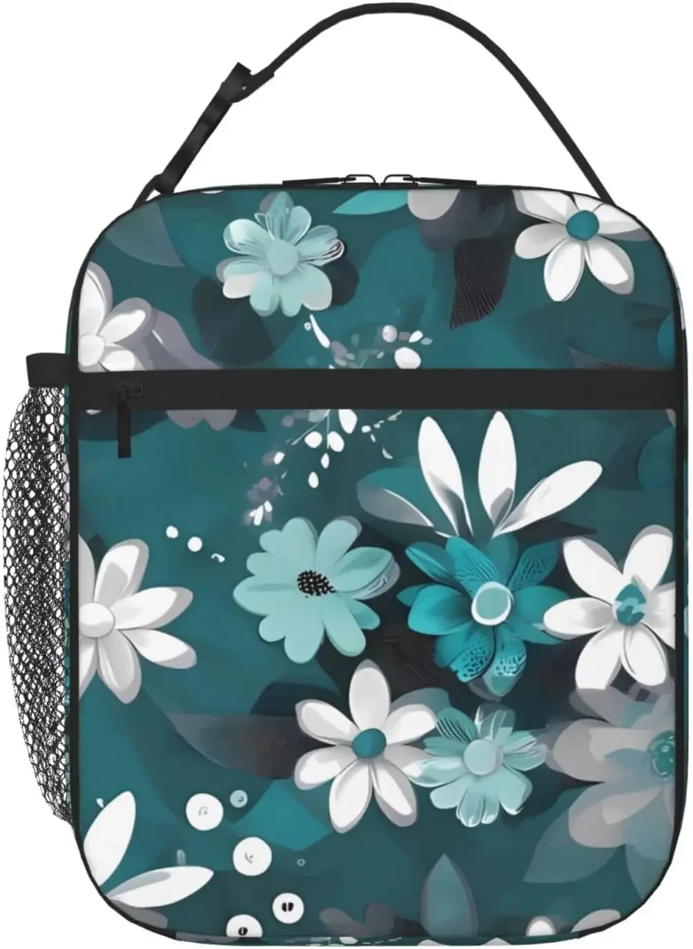 Teal Grey and White Floral  bag Insulated  Box for Women Men Reusable Tote Bag Leakproof Lunch Cooler Bag