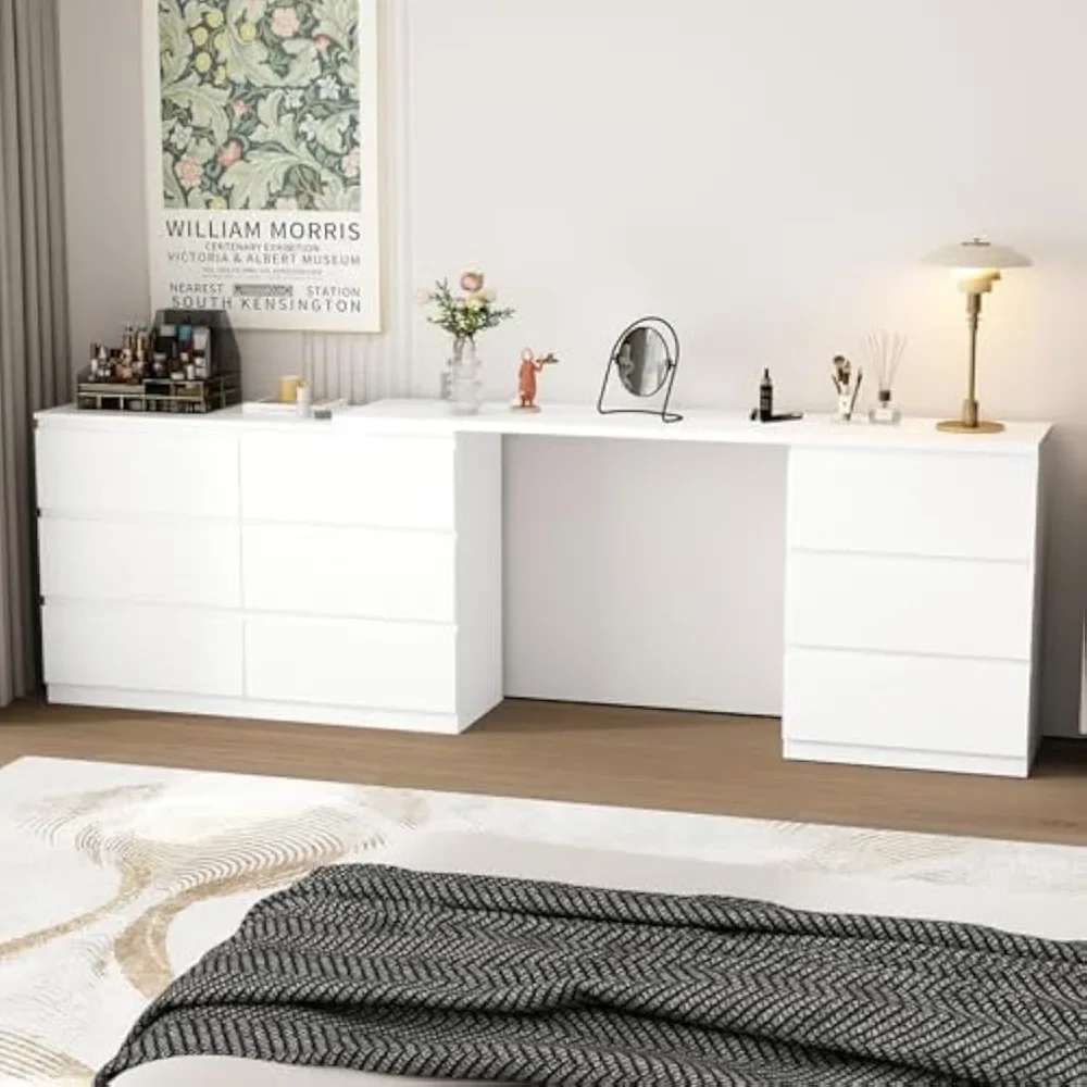 Rotating Double Dresser with 9 Drawers, with Storage Cabinet, Length & Shape Adjustable Dressing Table for Bedroom, 70.9