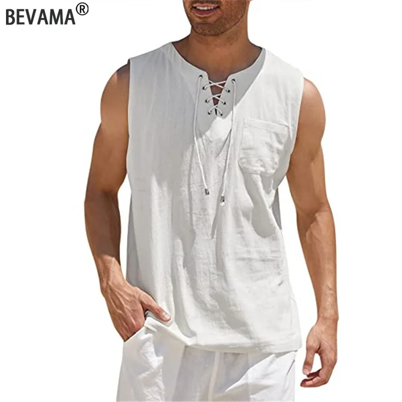 

Men's Casual Shirts Leeveless Vest Bandage Lace Up Blouse Retro V Neck Fashion Loose Shirt Male Solid Color Breathable Clothes