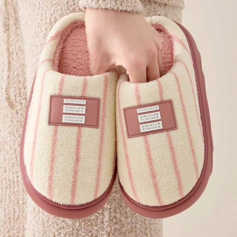 

Домашние тапочки в полоску, женские плюшевые домашние тапочки из нечеткого меха, женские термозимние теплые домашние туфли на платформе, меховые шлепанцы на плоской подошве