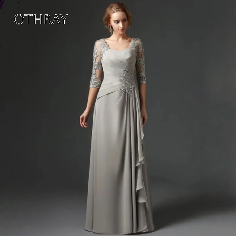 

A-line 3/4 Sleeves Chiffon Lace Plus Size Long Elegant Groom Mother Dresses Wedding Silver Mother Of The Bride Dresses
