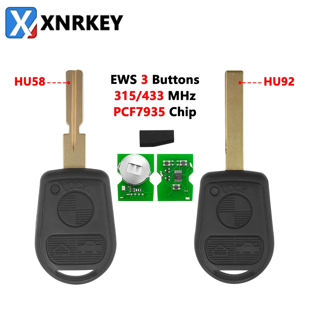 XNRKEY 3 Button Remote Car Key PCF7935 Chip 315/433Mhz for BMW Z3 E31 E32 E34 E36 E38 E39 E46 Z3i Car Key with HU58/HU92 Blade