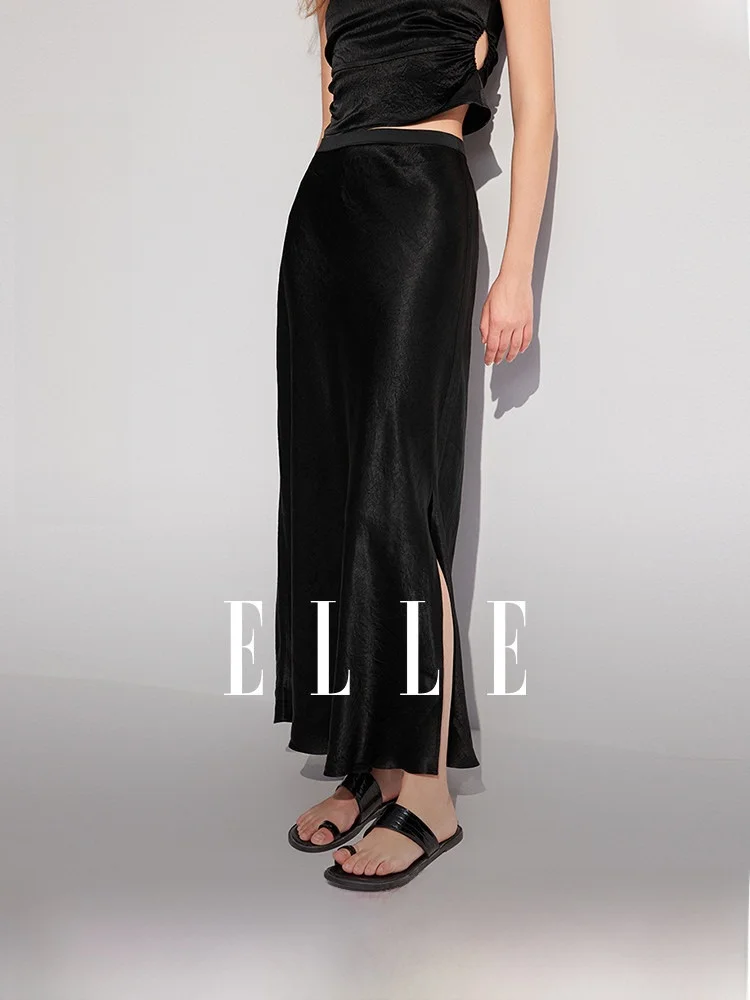

Elle Black Long Asymmetrical A-Line Skirt Women's Summer New Style Commute Simple Style Shiny Fabric mid Waist Design
