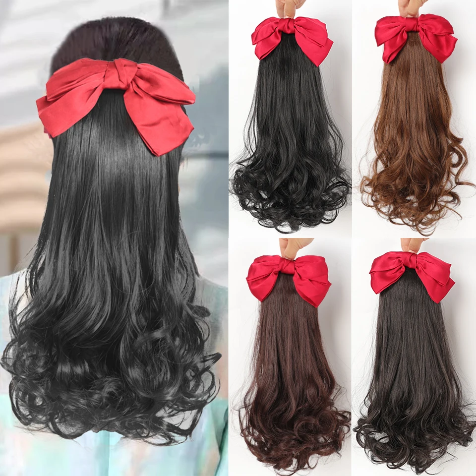 

Длинные волнистые заколки для наращивания волос в хвосте, термостойкие синтетические натуральные волны с бантом, конский хвост, искусственные волосы