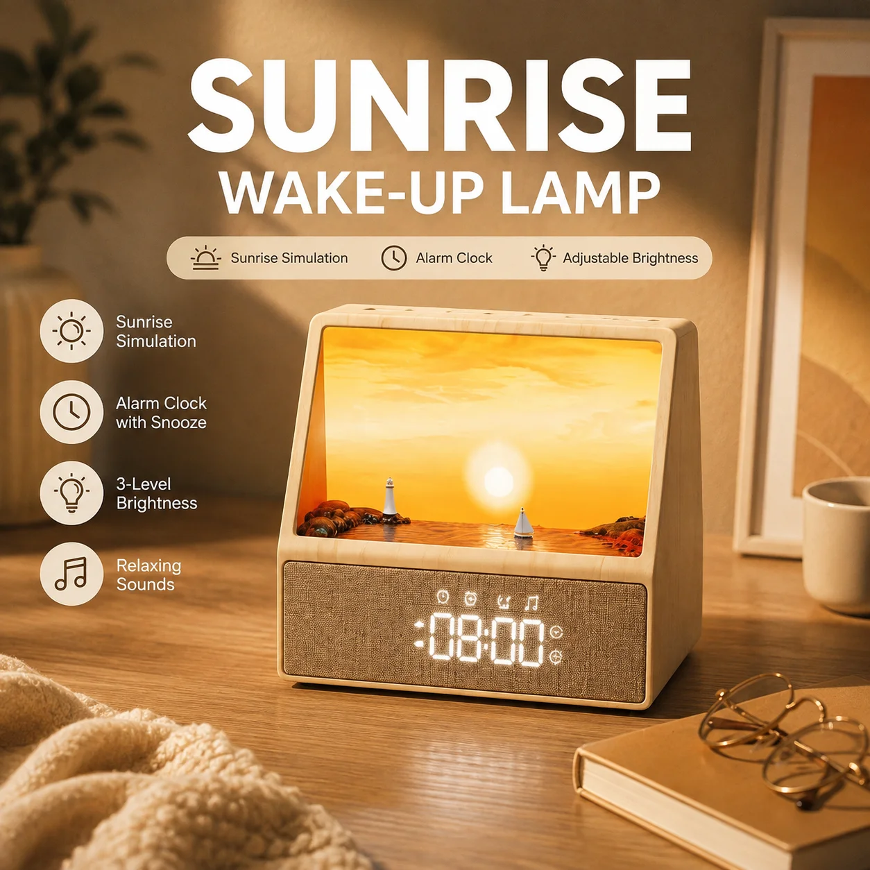 Sunrise Wake Up Light Alarm Clock, White Noise Sleep Aid Device with Bluetooth Speaker, Dimmable Soothing Night Light Sleep Aid