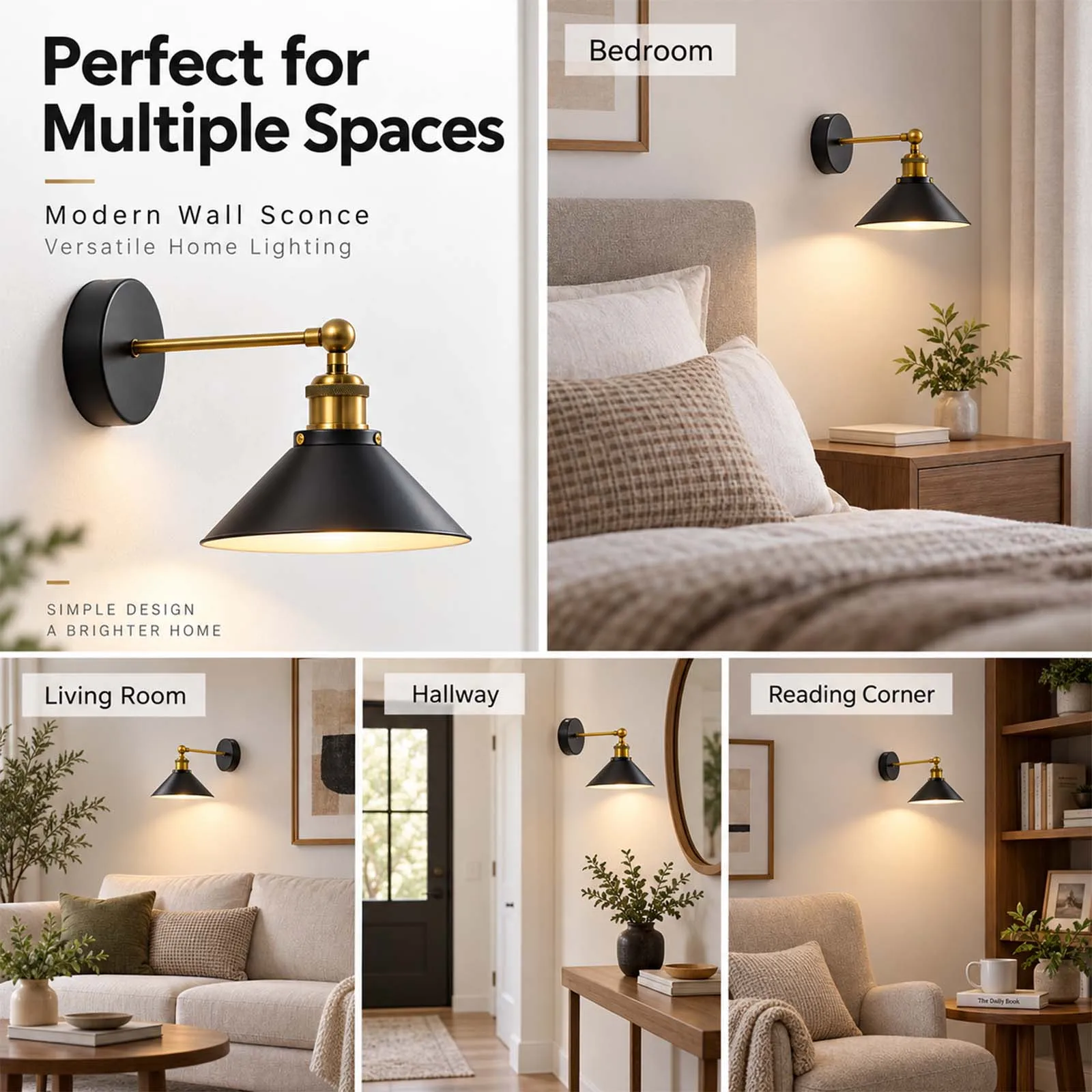 Black Wall Sconce, Conical Metal Shade Brass Arm for Bedroom Living Room Hallway