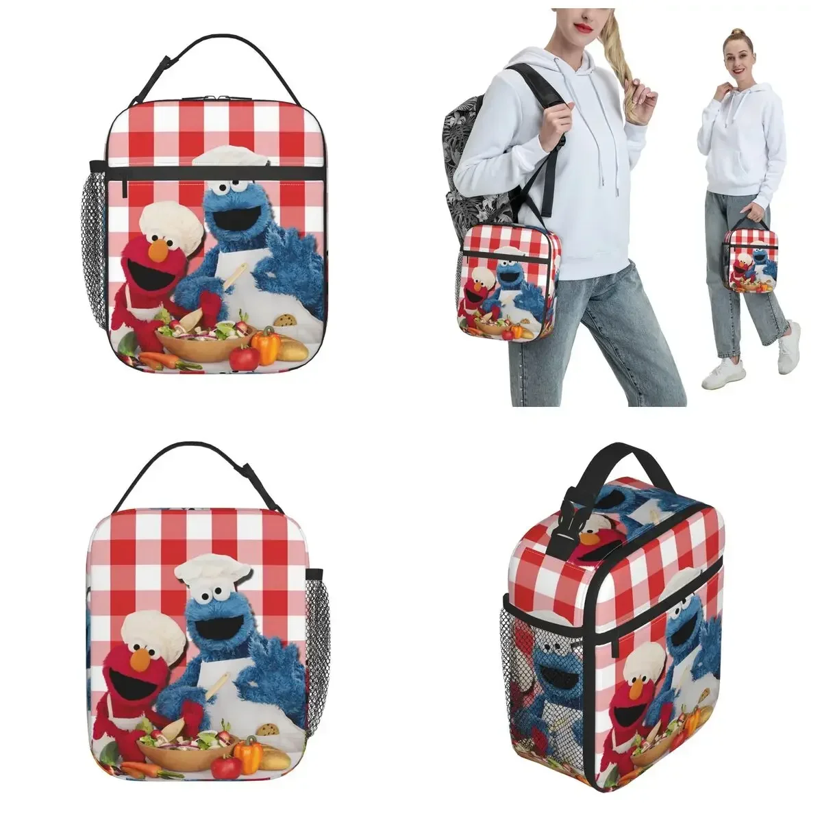 S-Sesame Streets Thermal Insulated Lunch Bags for Picnic Cookie Monster Cartooon Portable Food Bag Cooler Thermal Lunch Box