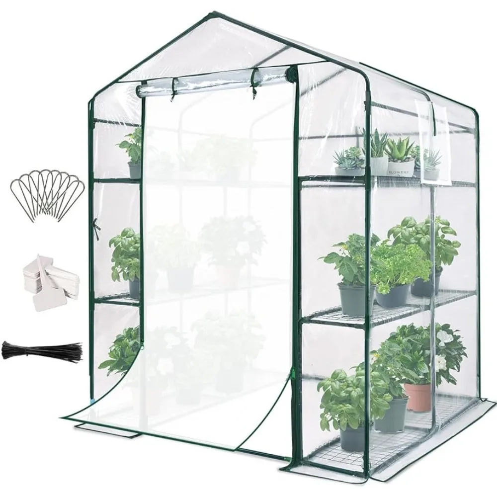 

3 Tiers 12 Shelves Greenhouse Garden Mesh Door & Windows Clear Prefabricated House Housing 4.7 X 4.7 X 6.4 FT Walk-in Greenhouse