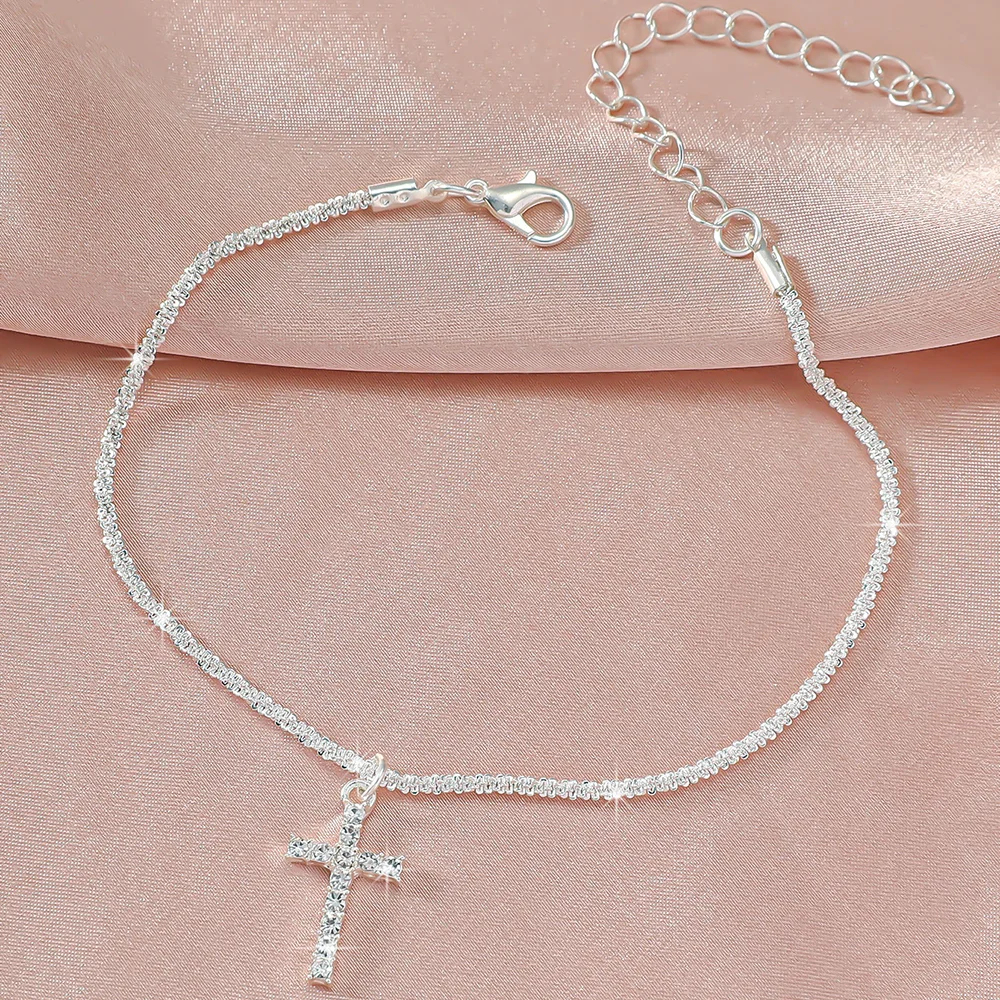 1/2PCS Shiny Sparkling Simple Silver Color Anklet for Women Simple Elegant Copper Jewelry Female Beach Ankle Bracelet on Foot