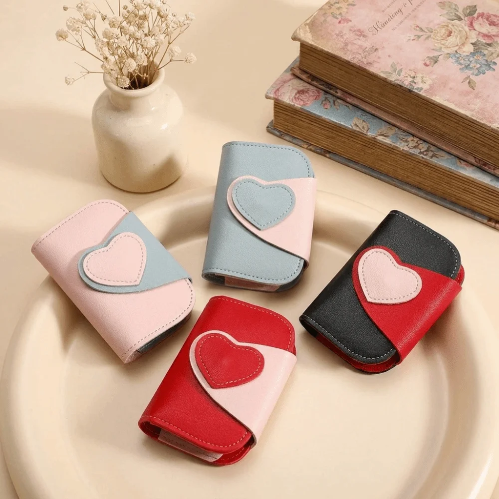 Cute PU Two-tone Key Case Multi Slots Heart Shape Keychain Wallet Multifunctional Portable Coin Purse Gift