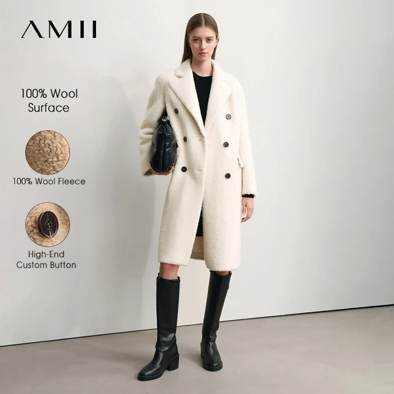 

AMII Women's Coat 2025 Winter New Turn-Down Collar Double-breasted All-wool Women's Fur Coat Office Lady Warm Loose Top 12424022