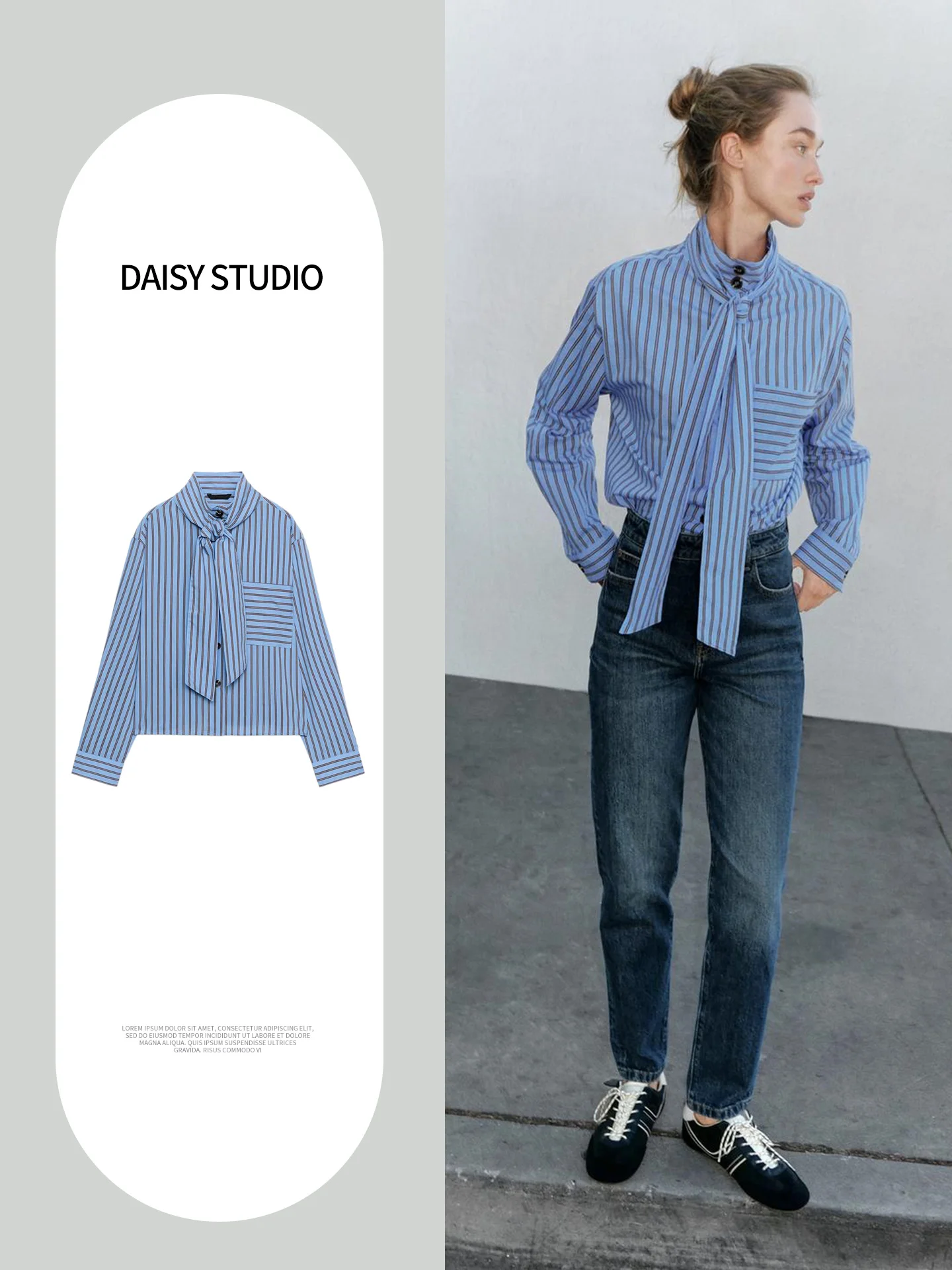 Autumn New Women's Shirt Single Row Multi-Buckle Long Sleeve Stand Collar Knot Pocket Striped Casual Loose Fit Poly...