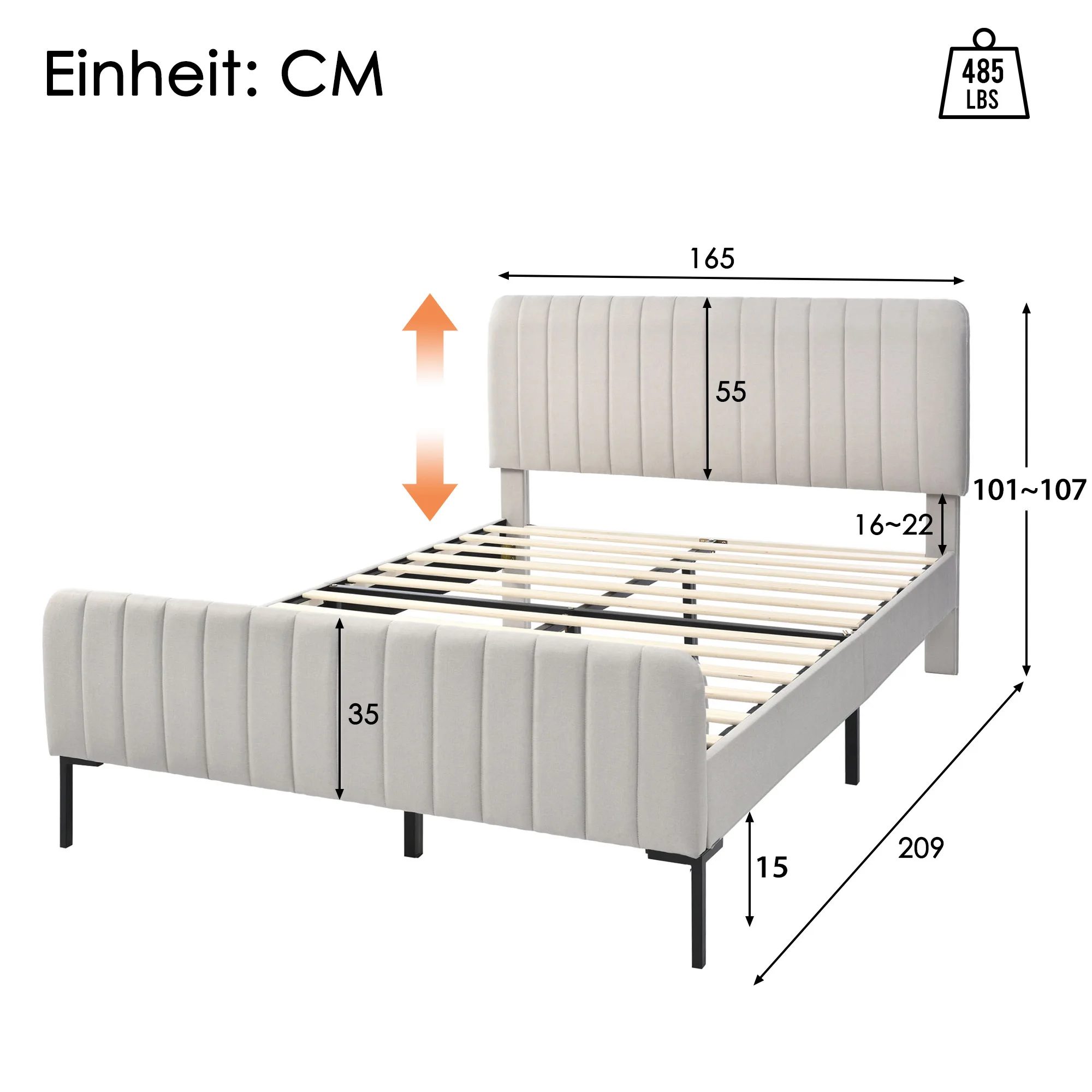 Headboard height is adjustable, 55cm high and thickened headboard Double bed with upholstered bed frame without mattress