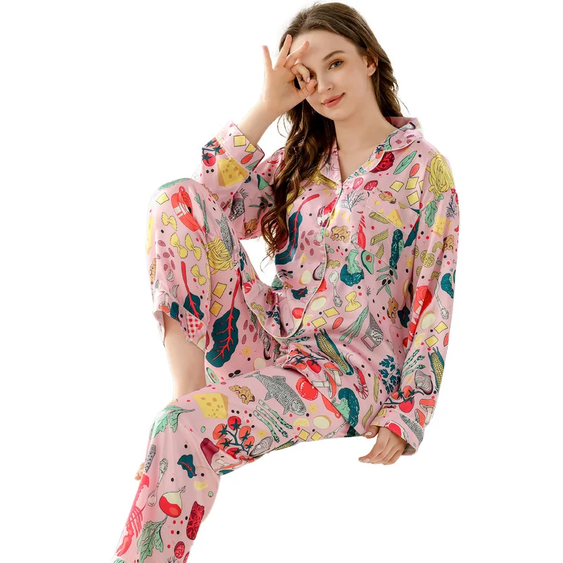 Women\'s Pajamas Sets Spring Autumn 2 Piece Print Pyjama Faux Silk Satin Sleepwear Long Sleeve Pijama Mujer Pjs Homewear