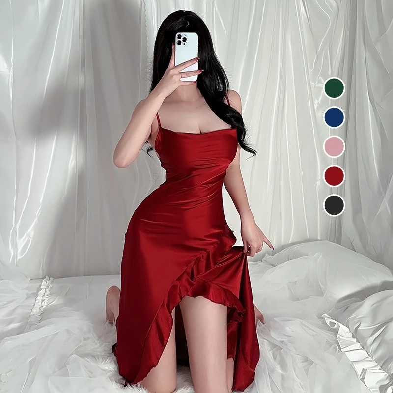 Female Sexy Charming Ruffle Bottom Swing Split Pajamas Multi-color Loungewear Internet Celebrity Style Sexy Suspender Nightgown