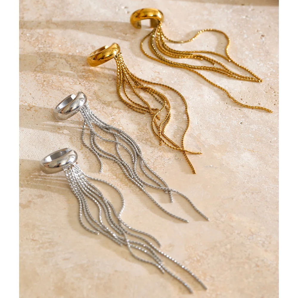 Yhpup 1PC Stainless Steel Long Tassel Chain Drop Ear Cuff Cartilage Earrings Temperament Popular Charming Ear Bone Jewelry