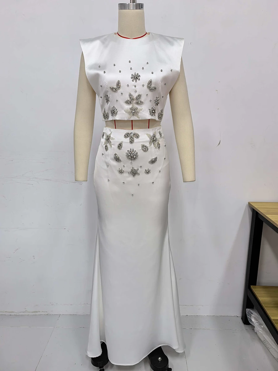 TWOTWINSTYL – ensemble deux pièces amincissant pour femmes, diamants épissés, col rond, gilet sans manches, taille haute, jupe longue, ensemble élégant