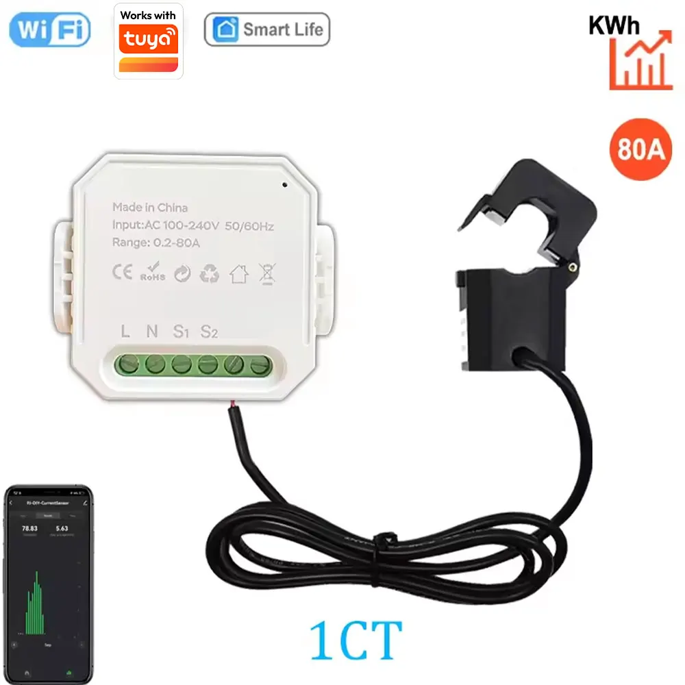 Inteligentny licznik energii WIFI AC100-240V 1CT z zaciskiem, sterowanie aplikacją Tuya, monitorowanie zużycia energii 80A, statystyki energii elektrycznej, 50/60Hz, inteligentne życie.