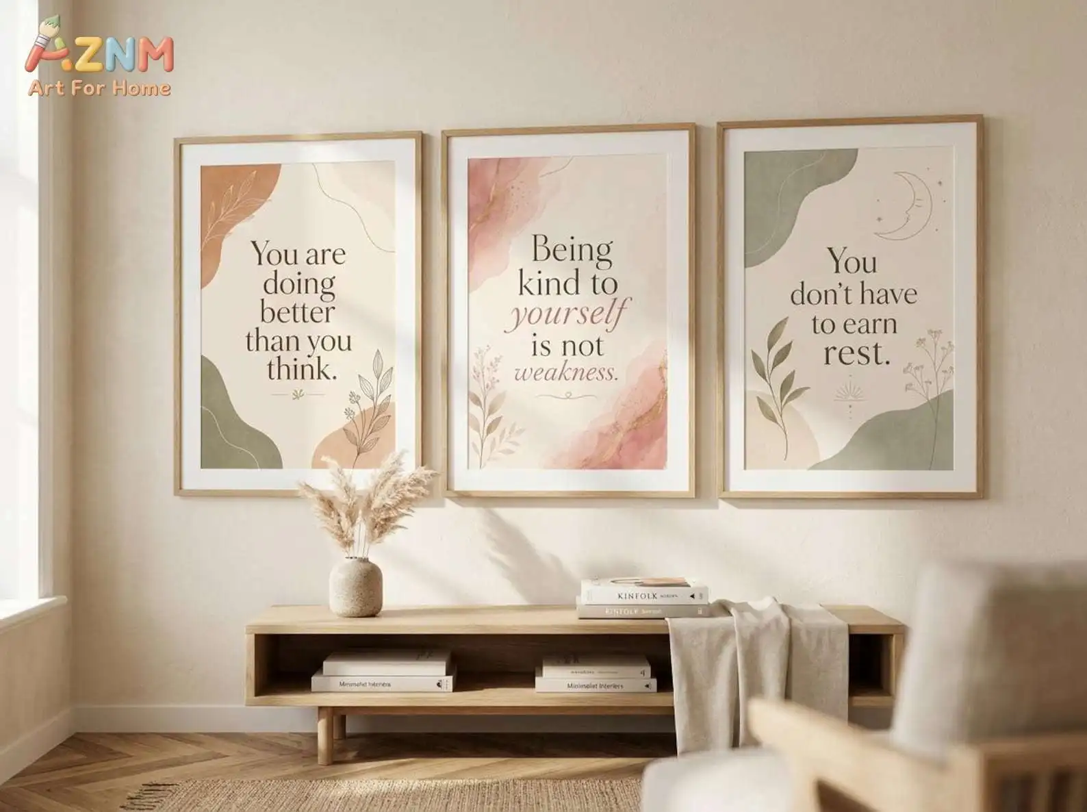 Self Compassion Quote Prints | Dusty Rose Affirmation Wall Art (Set of 3)