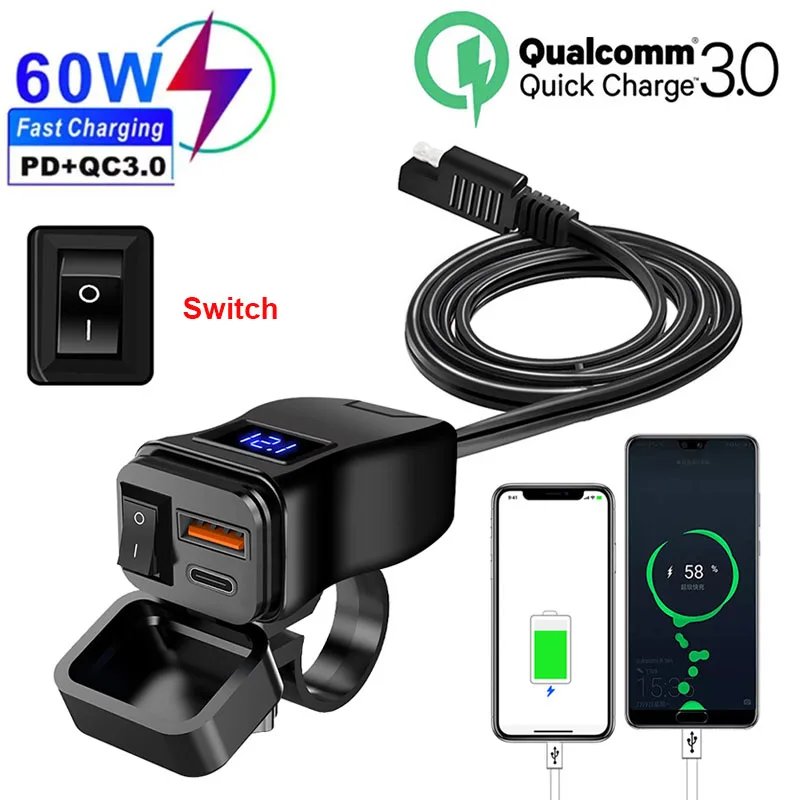 

Мотоциклетное USB PD QC3.0 Быстрое сотовое зарядное устройство Водонепроницаемый разъем порта типа C с мобильным вольтметром Цифровая зарядка