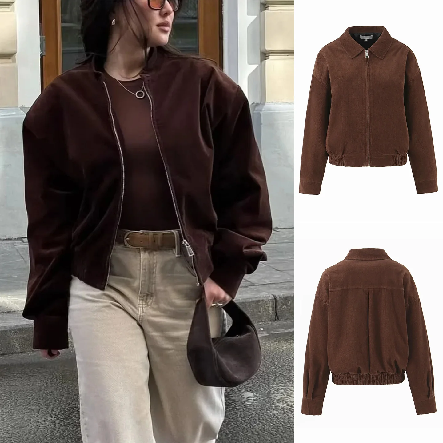 

Женская куртка-пилот в стиле ретро Sle, длинная бархатная ткань, застежка-молния, полиэфирное волокно, осенняя коллекция 2023 г.