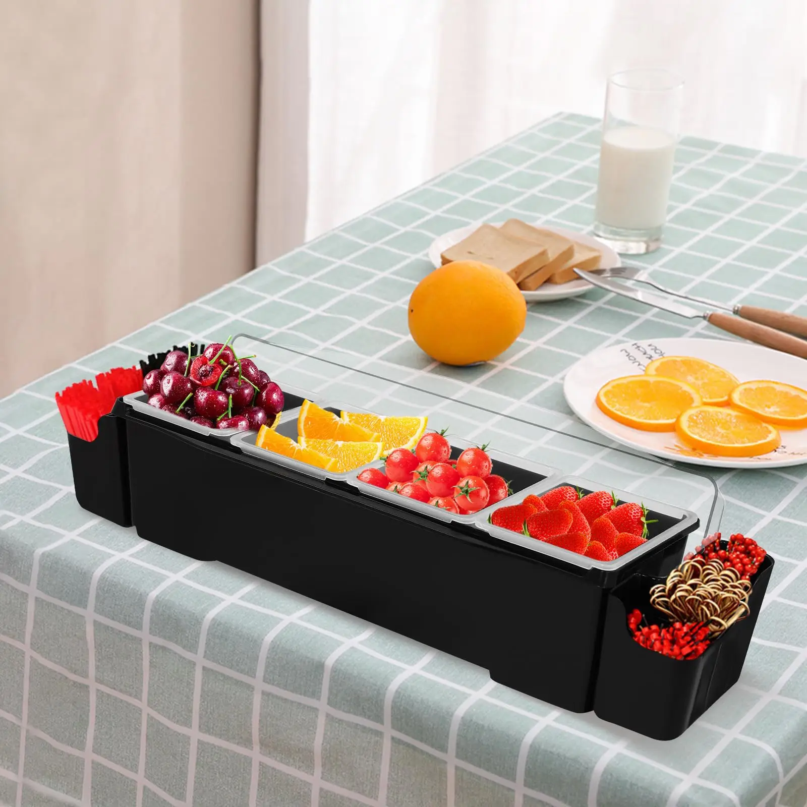 Organizador removível de frutas, dispensador de condimentos, para restaurante, suprimentos, recipiente de servir condimentos refrigerado a gelo com flip-t