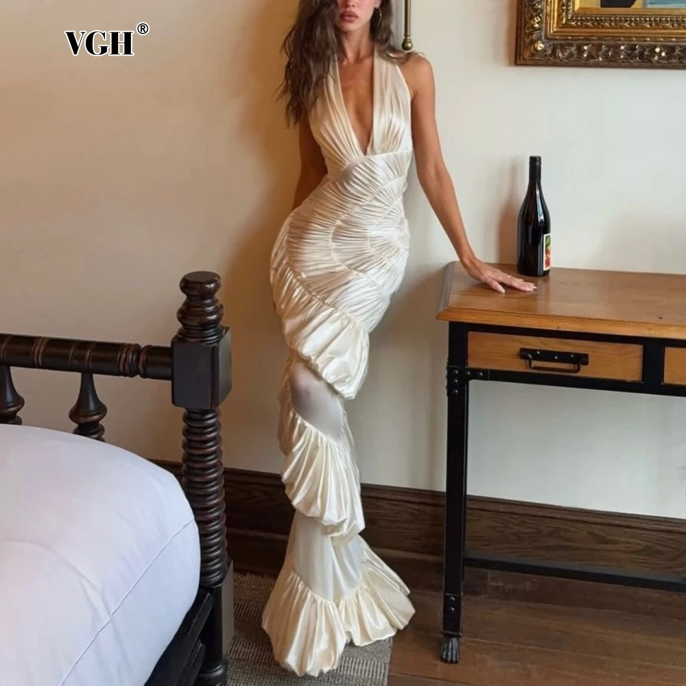 

VGH Sexy Evening Bodycon Dresses for Women Halter Neck Sleeveless High Waist Backless Irregular Folds Fashion Long Dress Female