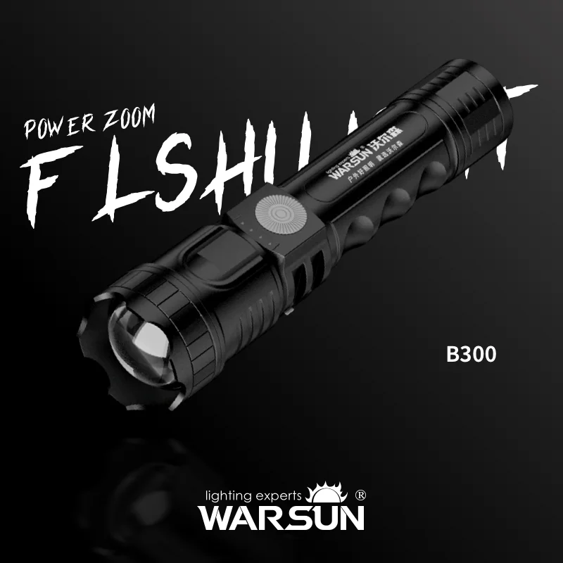 WARSUN B300 Rechargeable LED Flashlight - 300 Lumen Outdoor Torch with 500M Beam, Zoomable, IPX4 Waterproof