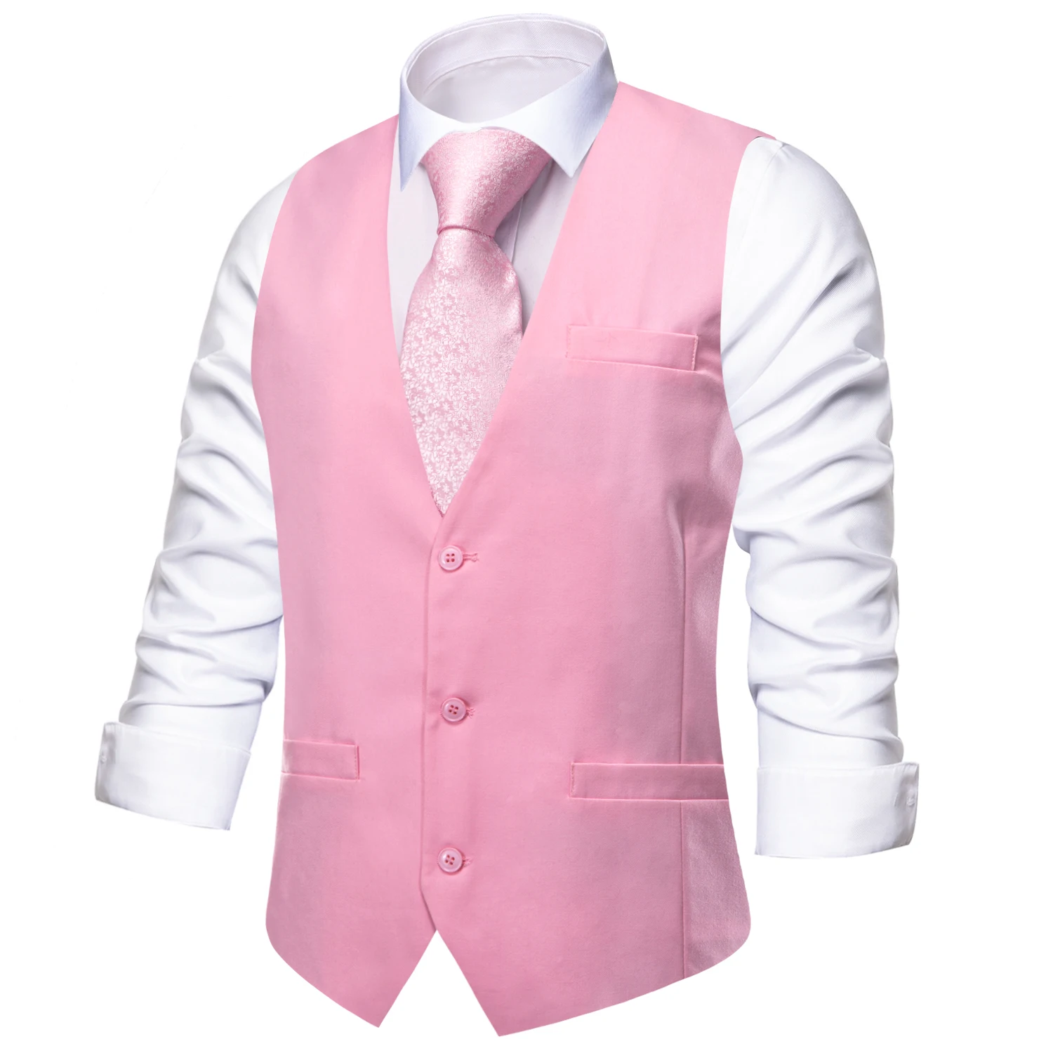 Hi-Tie Silk Mens Vest Pink Wedding Slim Solid Waistcoat Neck Tie Hanky Cufflinks Woven Set for Male Suit Business Party Designer