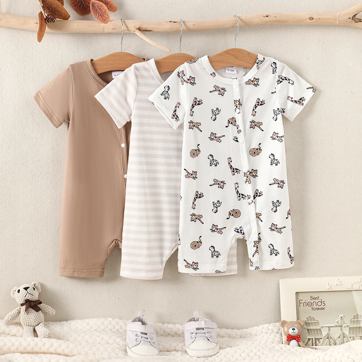 

Casual cute animal full print+stripes+solid color round neck short sleeved baby boy jumpsuit three piece combination