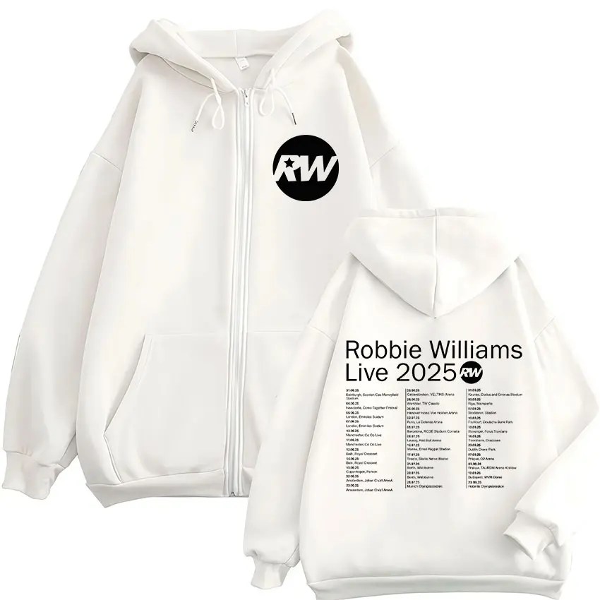 Robbie Williams Live Tour 2025 Rw Logo Zipper Hoodie Mens Women Casual Oversized Zip Up Sweatshirt Hip Hop Fleece Jacket Hoodies