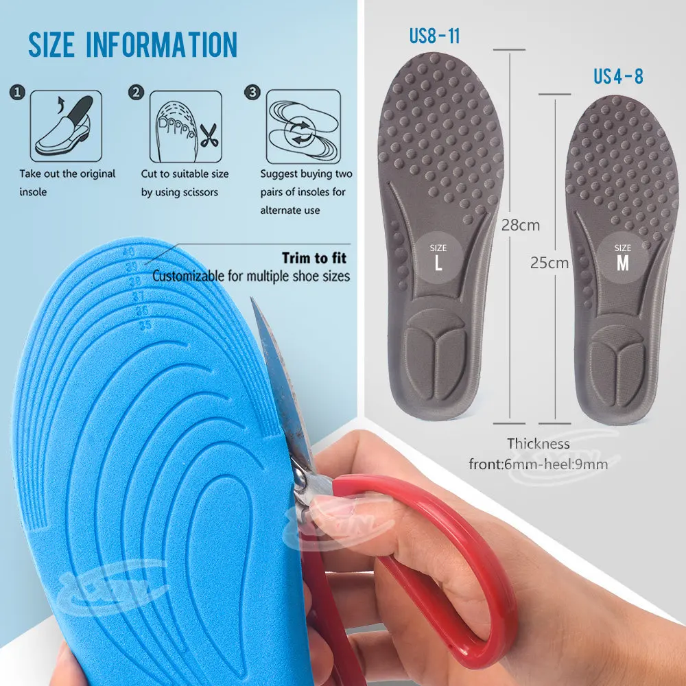 Shock Absorbing Insoles for Men, Full Length Massage Cushion Insoles Boot Replacement Inserts Shoe