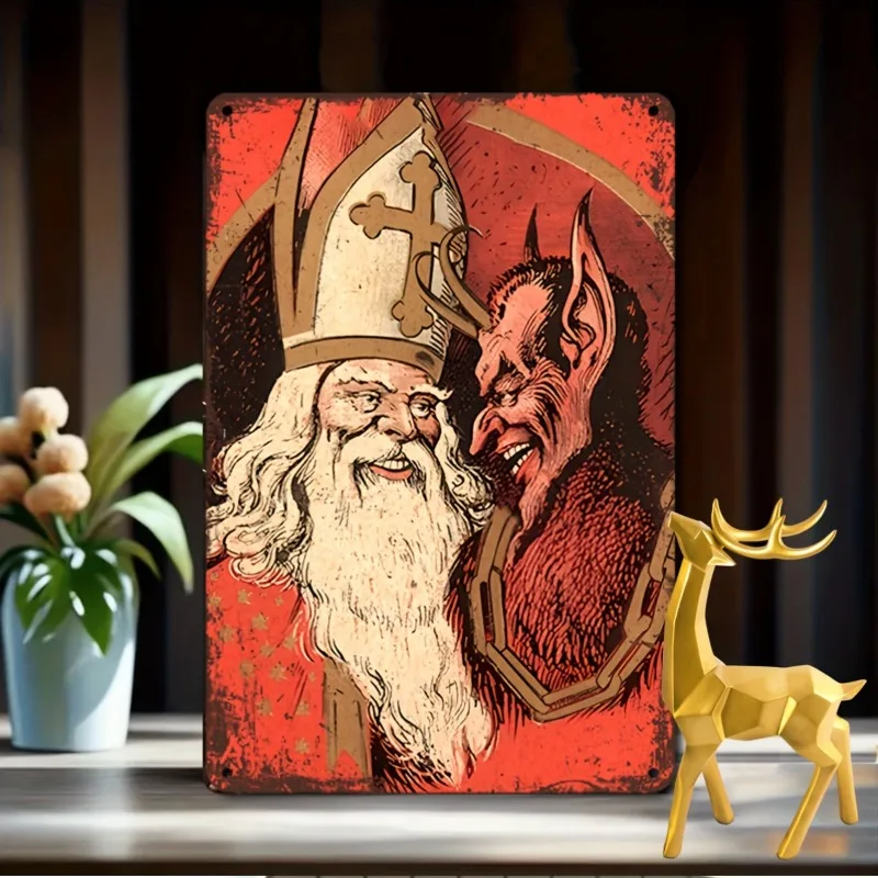 Vintage Santa & Krampus Metal Aluminum Sign, Multipurpose Wall Hanging Christmas Decor,  Ideal Holiday Gift, Pre-Drilled