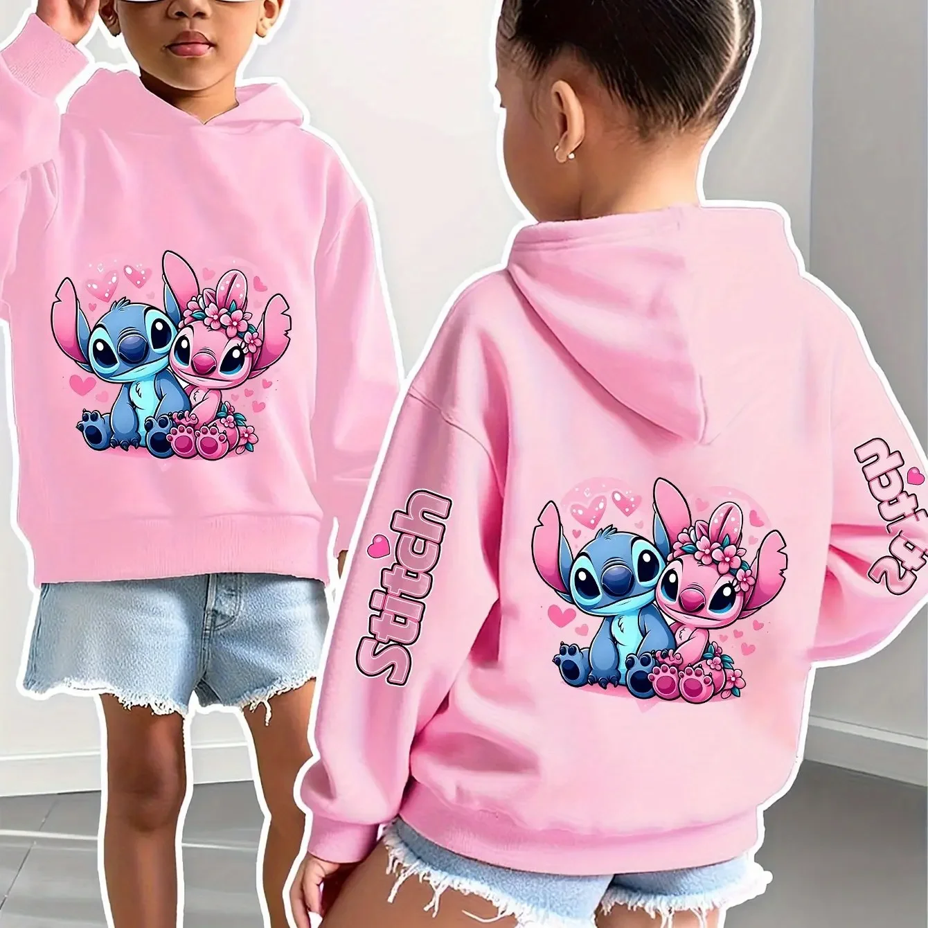 هوديي ديزني ستيتش للفتيات والفتيان للخريف والشتاء كاجوال بأكمام مطبوعة على الوجهين للأطفال للخريف والشتاء