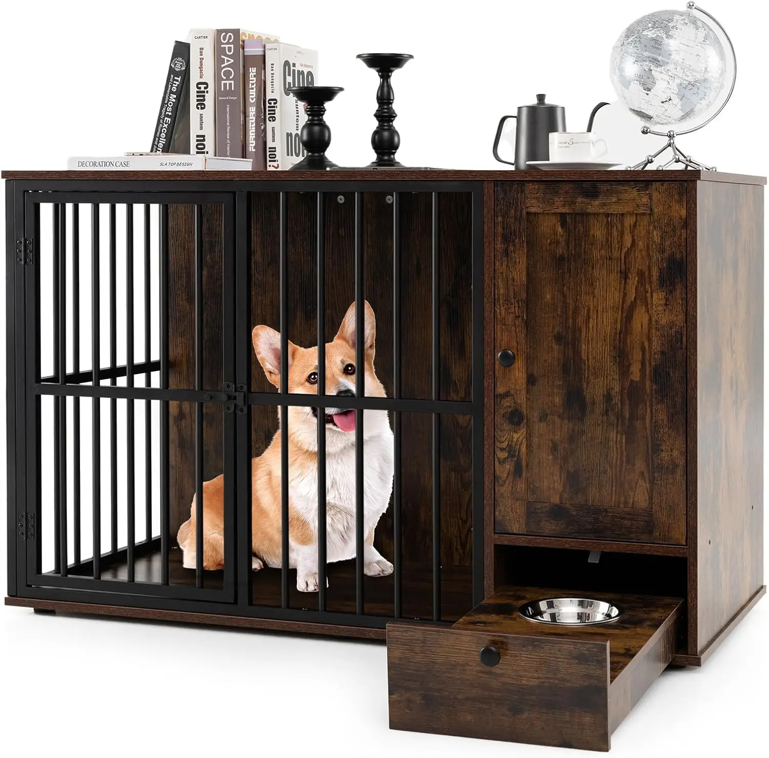 

47.5-inch Dog Crate Furniture, Heavy-Duty Wooden Dog Kennel with Hidden Bowls in Pull-Out Drawer