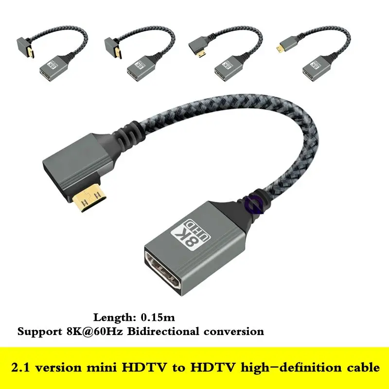 15cm Micro/Mini HDMI to HDMI Compatible Adapter Cable with Left/Right/Up/Down Bending 8K@60Hz Digital Camera Monitor HD Cable