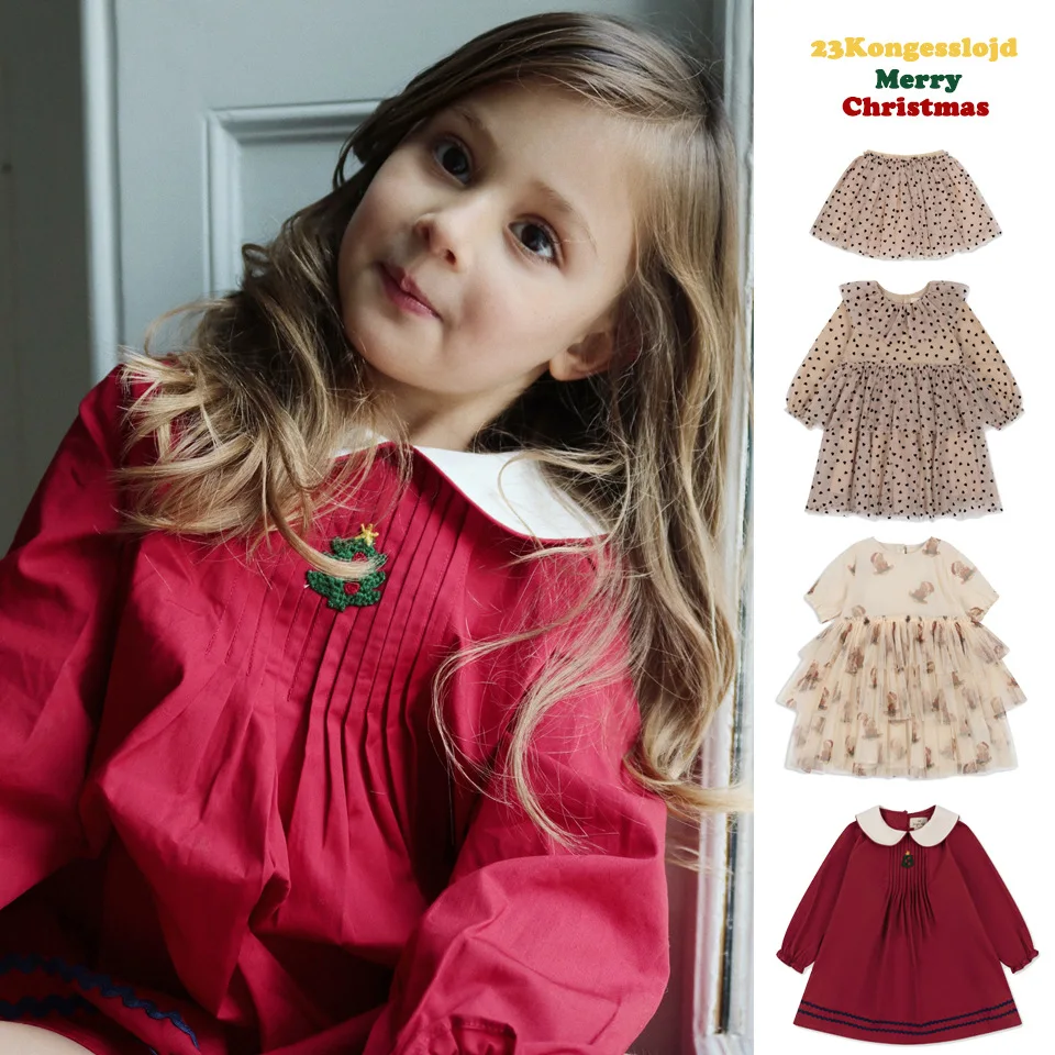 

spot 2024 children's skirt christmas long sleeve dress short sleeve mesh bear skirt love mesh skirt